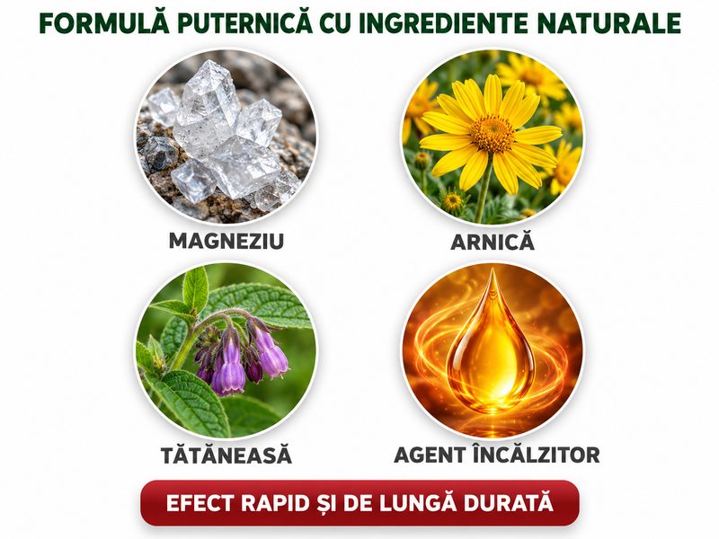 Formulă puternică cu ingrediente naturale: Magneziu, Arnică, Tătăneasă și agent încălzitor